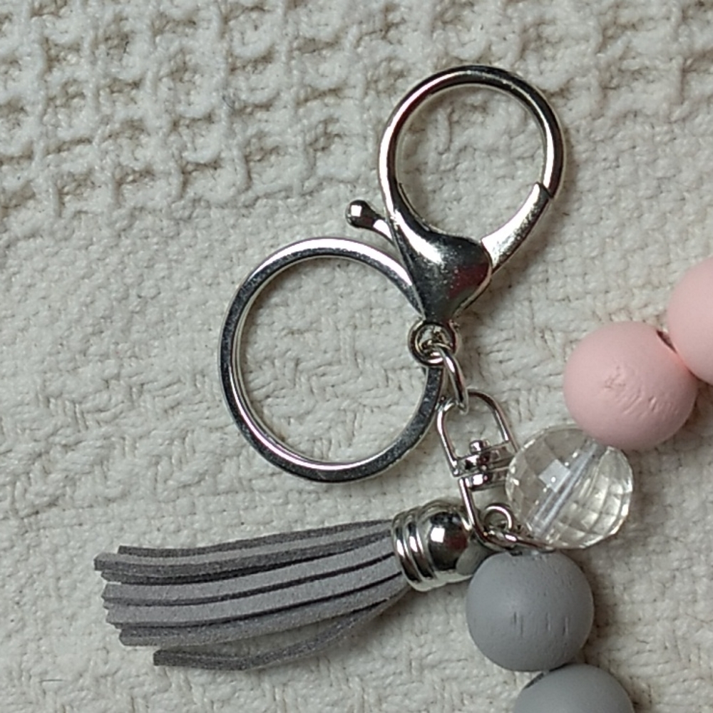 Wooden Keychain Pink, Purple & Gray on stretchy cord w Gray tassel #15 - Picture 2 of 3
